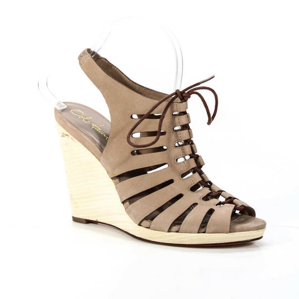 Cole Haan Nike Air Shoes 8.5 Strappy Wedge Sandal Leather Tan Beige